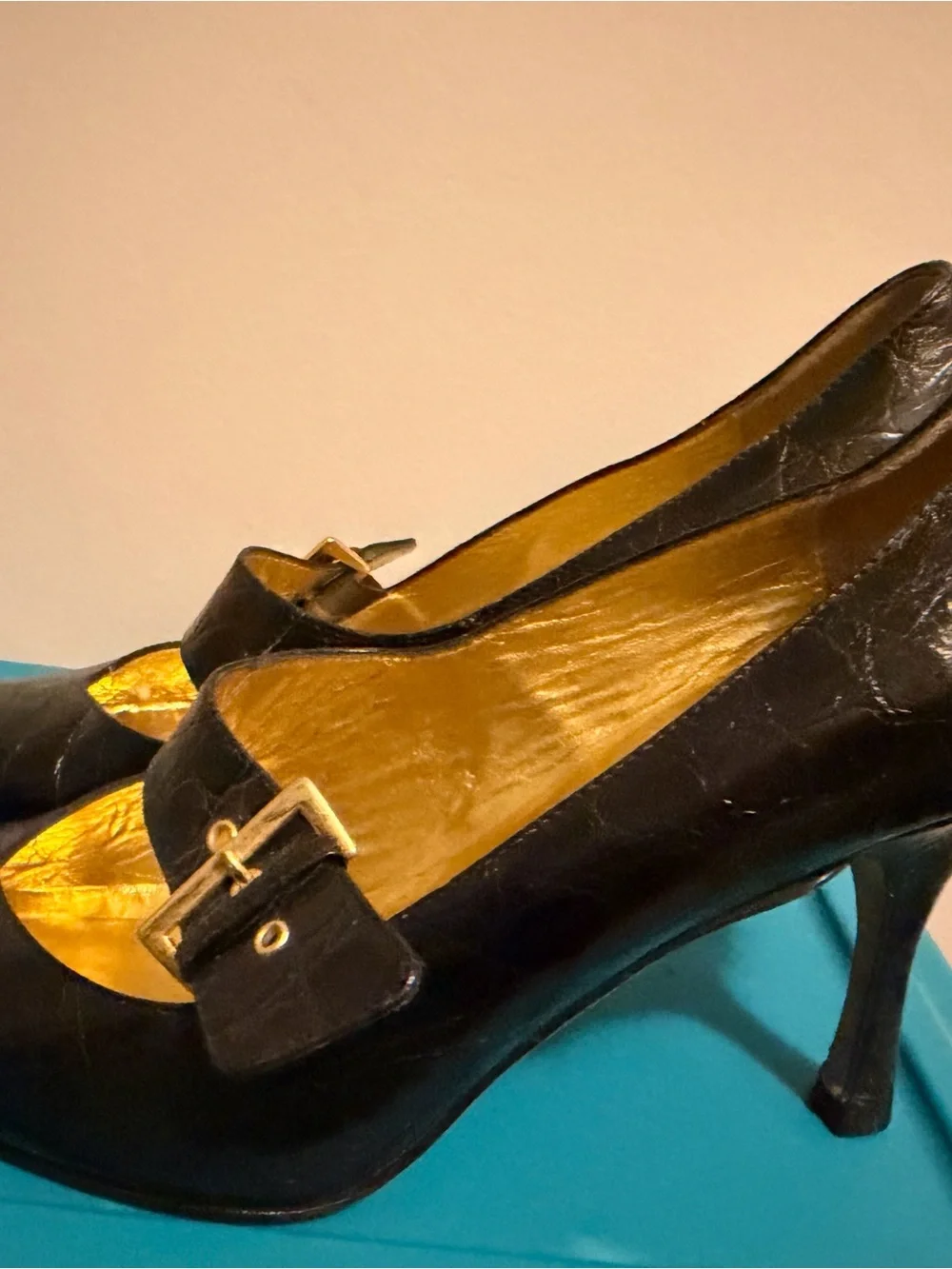 Black Croc-Embossed Pointed Mary Jane Heels with Gold Interior